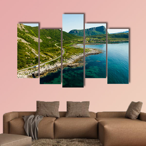 Seascape with scenic rocky shoreline and high mountains. Northern wall art
