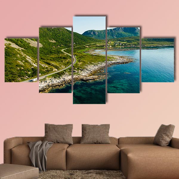 Seascape with scenic rocky shoreline and high mountains. Northern wall art