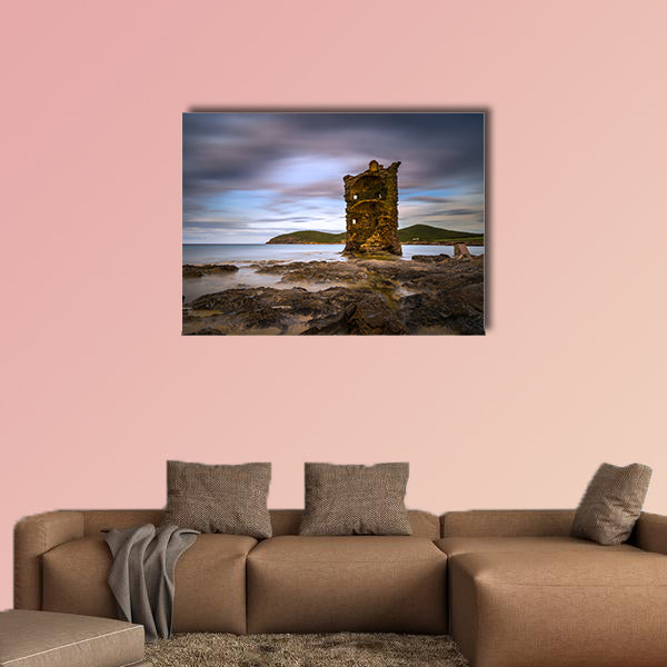 Genovese tower Santa Maria at Cap Corse with rocks on foreground, art