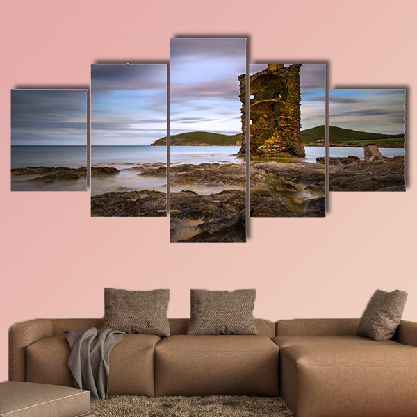 Genovese tower Santa Maria at Cap Corse with rocks on foreground, art