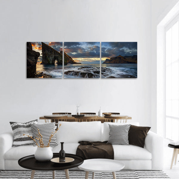 Drangarnir rocky arch on Vagar island in sunset, Faroe Islands panoramic canvas wall art