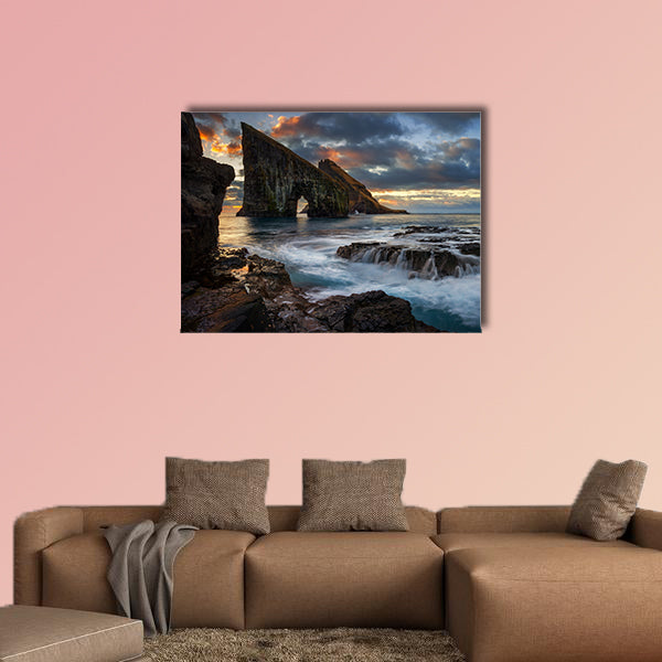 Panorama of Drangarnir rocky arch on Vagar island in sunset, Faroe wall art