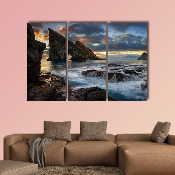 Panorama of Drangarnir rocky arch on Vagar island in sunset, Faroe wall art