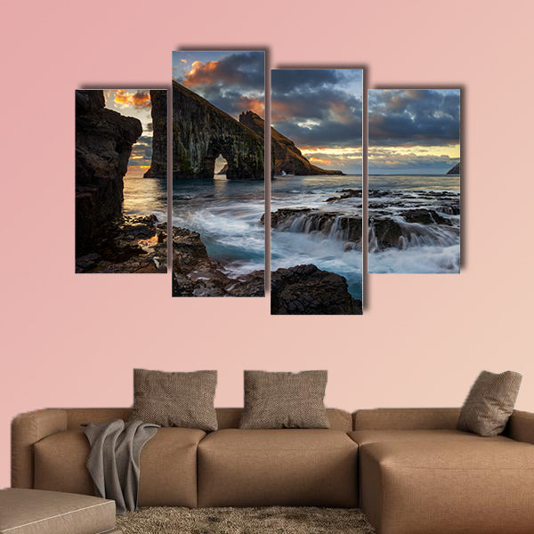 Panorama of Drangarnir rocky arch on Vagar island in sunset, Faroe wall art