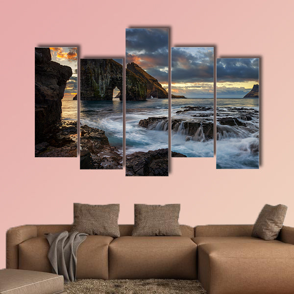 Panorama of Drangarnir rocky arch on Vagar island in sunset, Faroe wall art