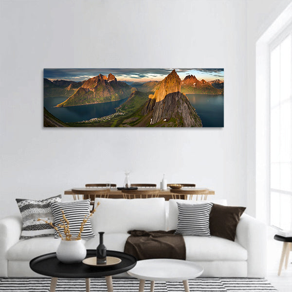Segla summit and Fjordgard village in Senja, Norway panoramic canvas wall art