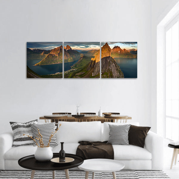 Segla summit and Fjordgard village in Senja, Norway panoramic canvas wall art
