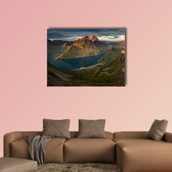 Panorama of Segla summit and village in sunset, Norway wall art