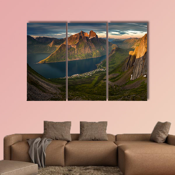 Panorama of Segla summit and village in sunset, Norway wall art