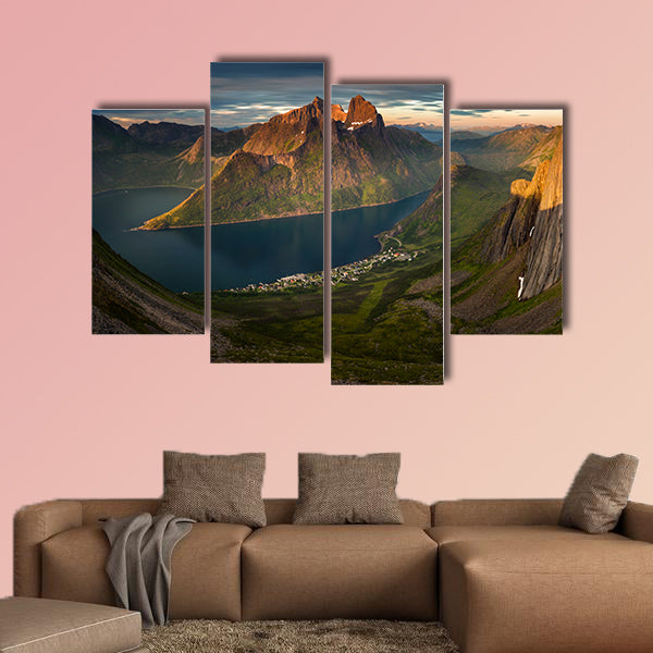 Panorama of Segla summit and village in sunset, Norway wall art