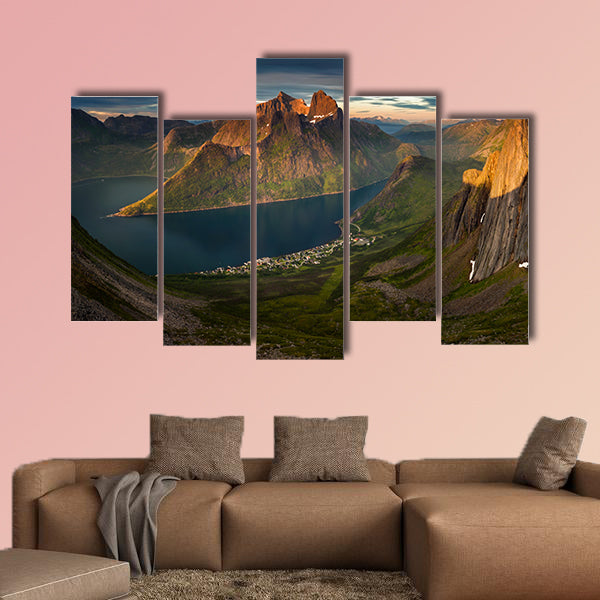Panorama of Segla summit and village in sunset, Norway wall art