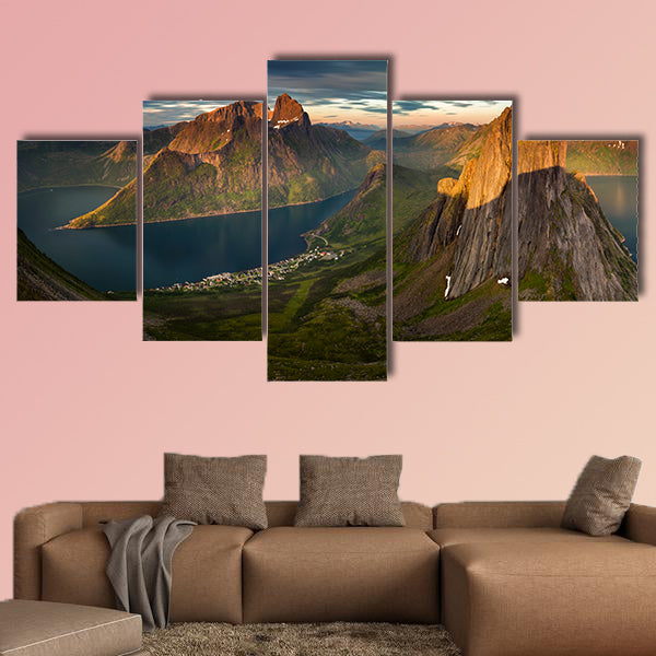 Panorama of Segla summit and village in sunset, Norway wall art