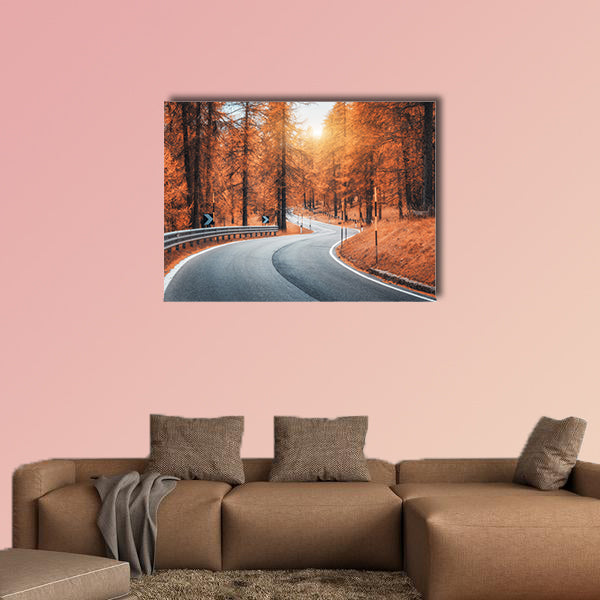 Road in autumn forest at sunset multi panel canvas wall art