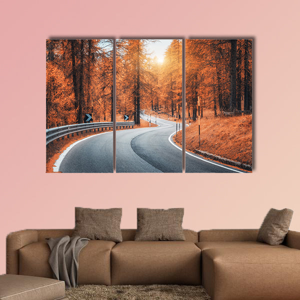 Road in autumn forest at sunset multi panel canvas wall art