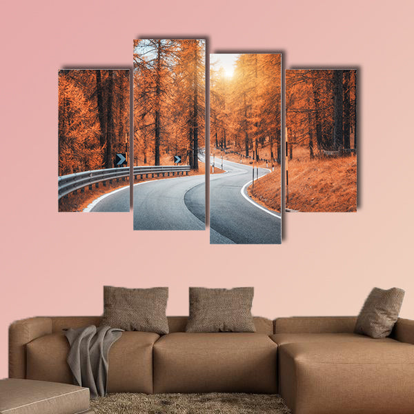 Road in autumn forest at sunset multi panel canvas wall art