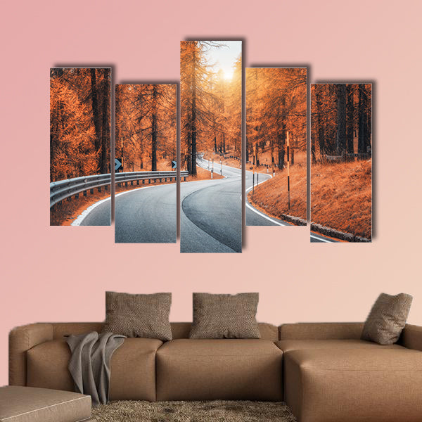 Road in autumn forest at sunset multi panel canvas wall art