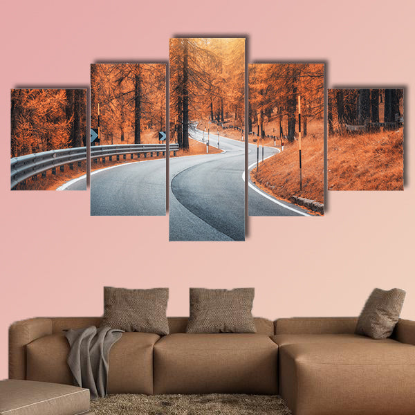 Road in autumn forest at sunset multi panel canvas wall art