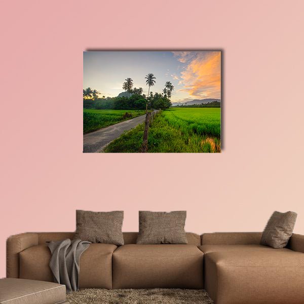 Village scenery with paddy field and coconut tree during sunrise wall art