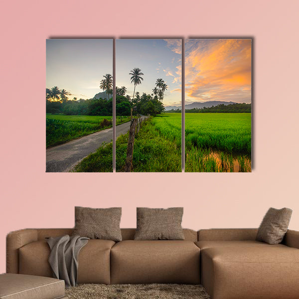 Village scenery with paddy field and coconut tree during sunrise wall art