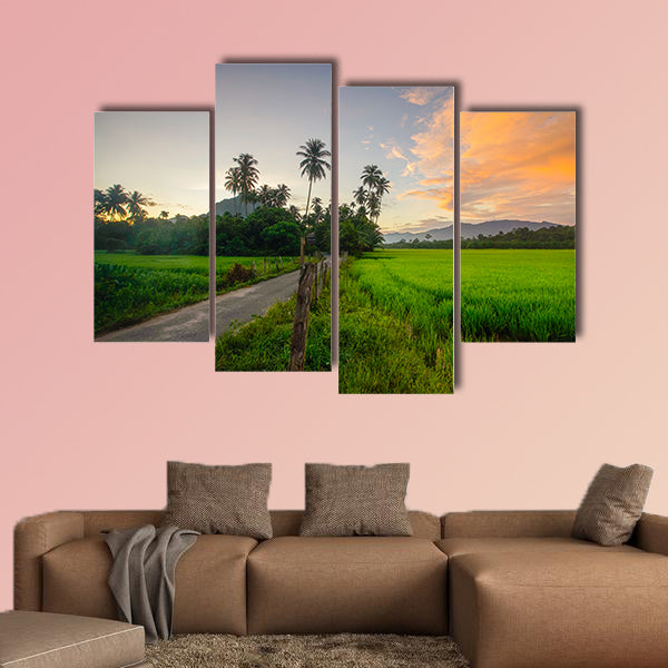 Village scenery with paddy field and coconut tree during sunrise wall art