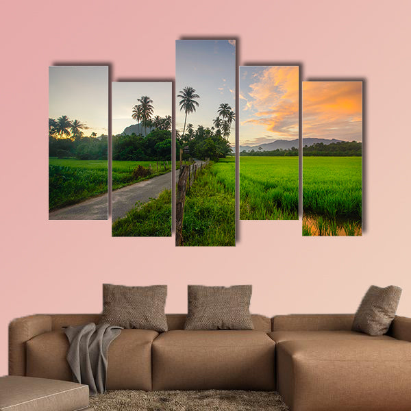 Village scenery with paddy field and coconut tree during sunrise wall art