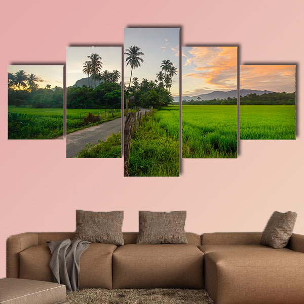 Village scenery with paddy field and coconut tree during sunrise wall art