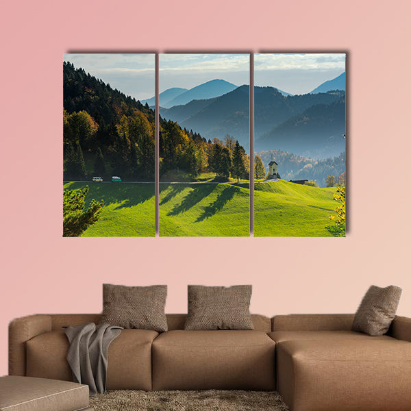 Green pasture and mountains, perfect road trip,Slovenia Multi panel canvas wall art