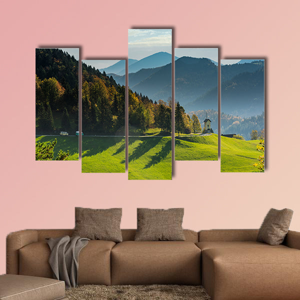 Green pasture and mountains, perfect road trip,Slovenia Multi panel canvas wall art