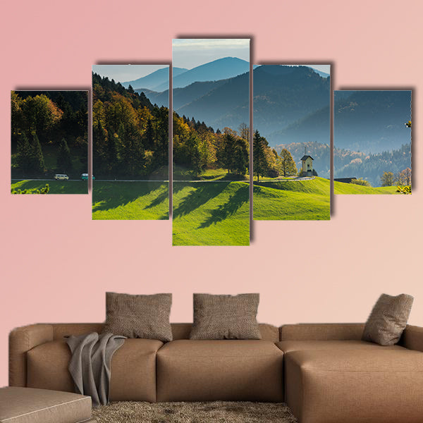 Green pasture and mountains, perfect road trip,Slovenia Multi panel canvas wall art
