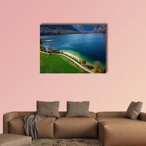 Beautiful blue water and green pasture,Bohijn lake , aerial view of wall art