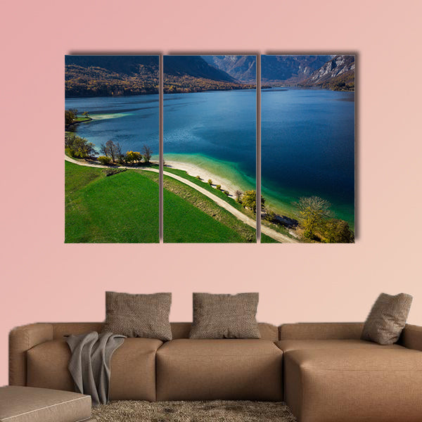 Beautiful blue water and green pasture,Bohijn lake , aerial view of wall art
