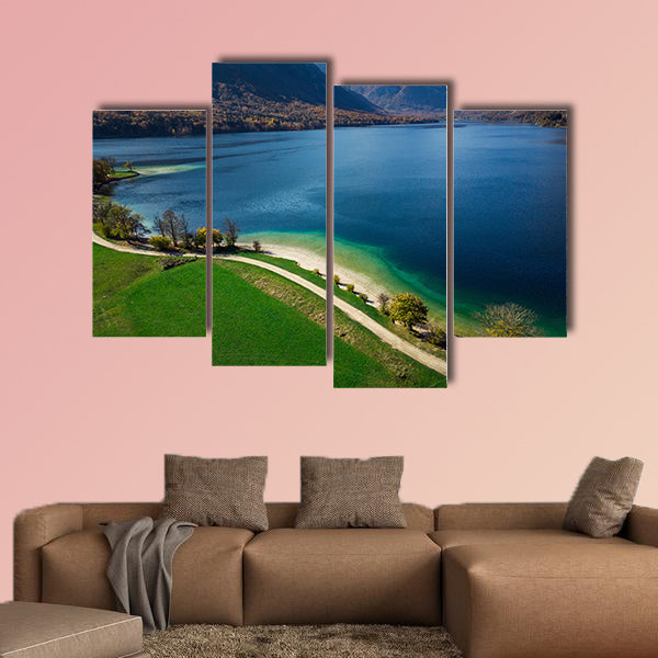 Beautiful blue water and green pasture,Bohijn lake , aerial view of wall art