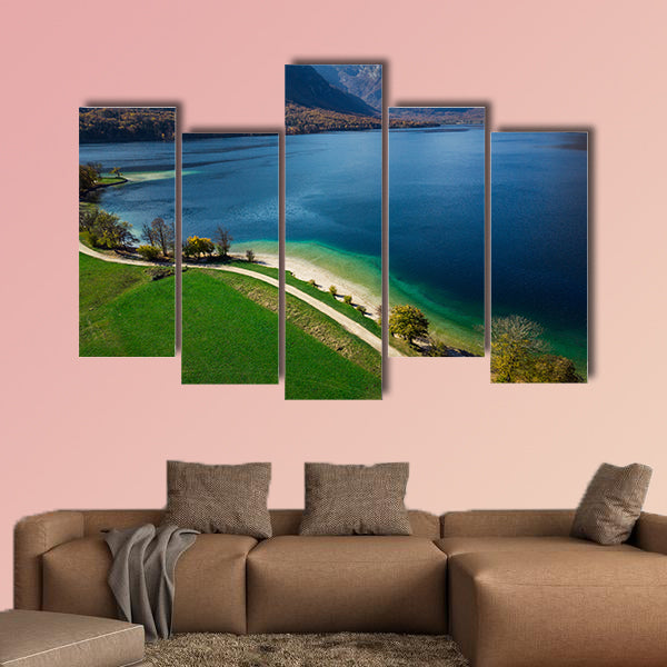 Beautiful blue water and green pasture,Bohijn lake , aerial view of wall art