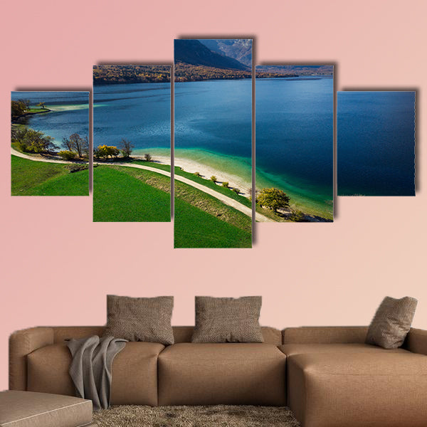 Beautiful blue water and green pasture,Bohijn lake , aerial view of wall art