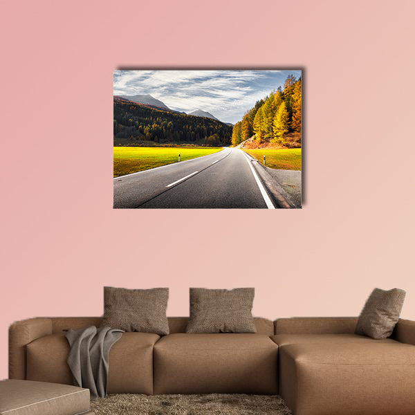 Amazing view of alpine road, orange larch forest and high mountains wall art