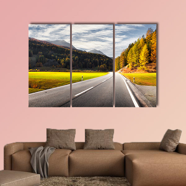 Amazing view of alpine road, orange larch forest and high mountains wall art