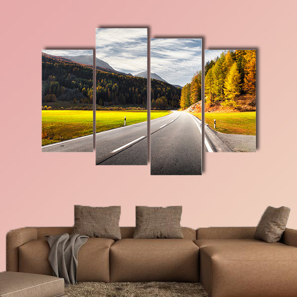 Amazing view of alpine road, orange larch forest and high mountains wall art