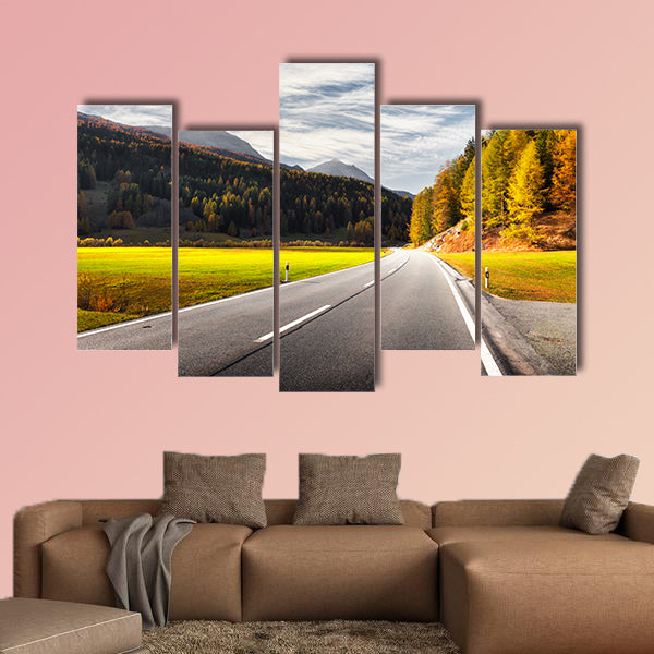 Amazing view of alpine road, orange larch forest and high mountains wall art