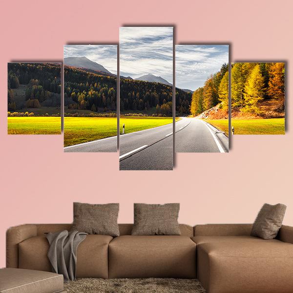 Amazing view of alpine road, orange larch forest and high mountains wall art