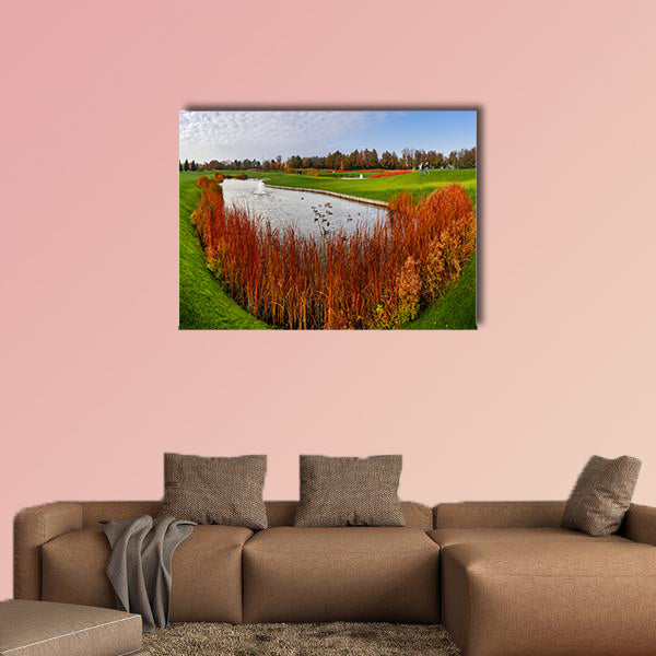 Quiet pond and green meadow in autumn park, nobody Multi panel canvas wall art