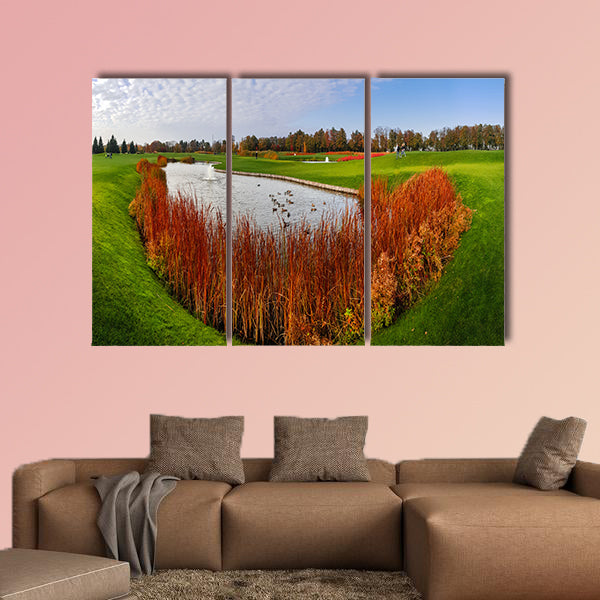 Quiet pond and green meadow in autumn park, nobody Multi panel canvas wall art