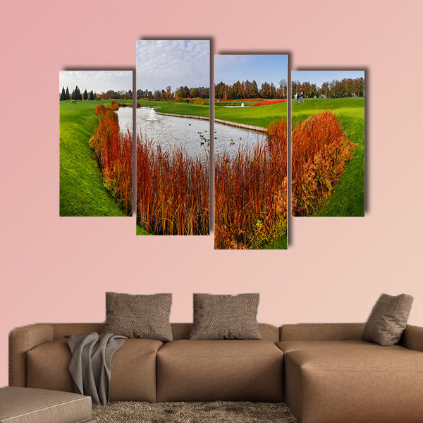 Quiet pond and green meadow in autumn park, nobody Multi panel canvas wall art