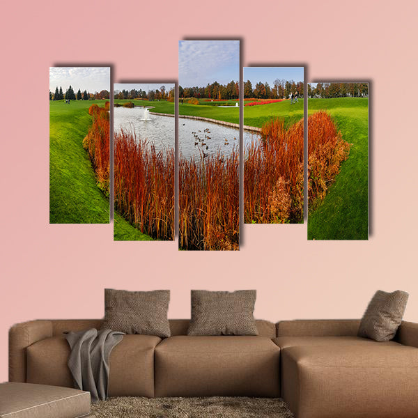 Quiet pond and green meadow in autumn park, nobody Multi panel canvas wall art