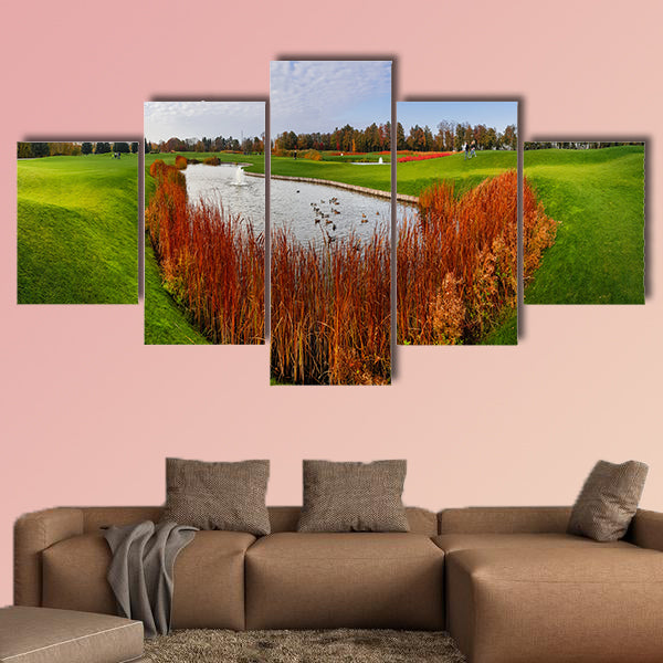Quiet pond and green meadow in autumn park, nobody Multi panel canvas wall art