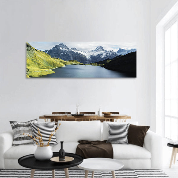 Bachalpsee lake in Alps mountains Grindelwald valley, Switzerland panoramic canvas wall art