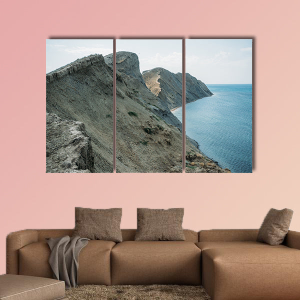 Scenic calm seashore with crimean mountains ridge, Ukraine wall art