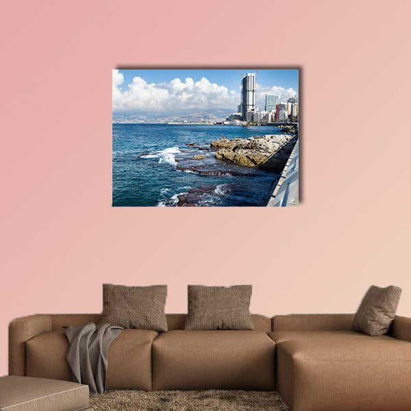 Seacoast with natural pool and swimmers in Beirut multi panel canvas wall art