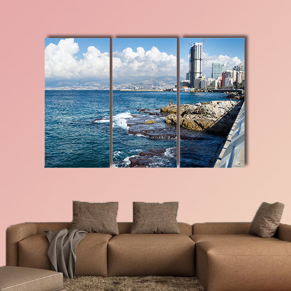 Seacoast with natural pool and swimmers in Beirut multi panel canvas wall art