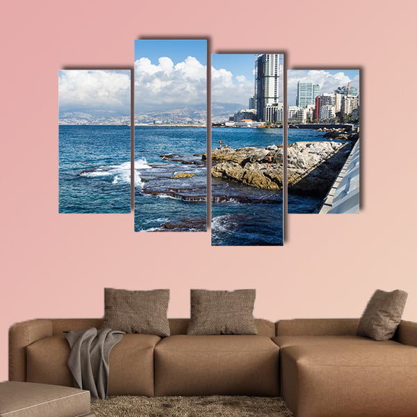 Seacoast with natural pool and swimmers in Beirut multi panel canvas wall art