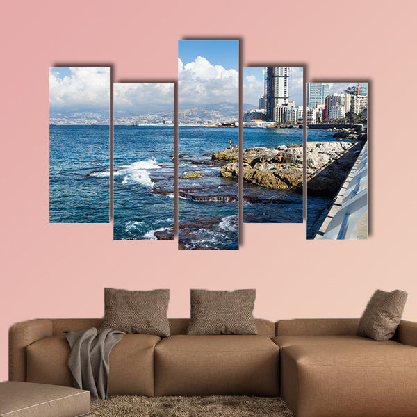 Seacoast with natural pool and swimmers in Beirut multi panel canvas wall art
